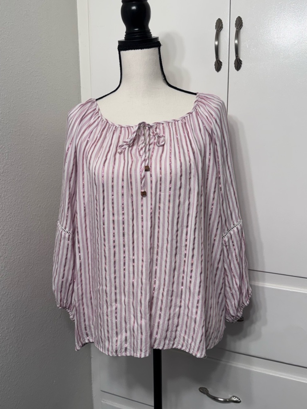Adrienne Vittadini Pink and White Striped Peasant Blouse